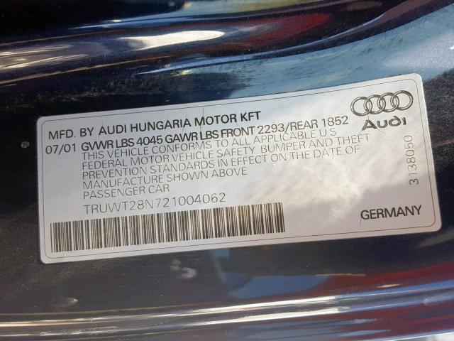 TRUWT28N721004062 - 2002 AUDI TT QUATTRO BLUE photo 10