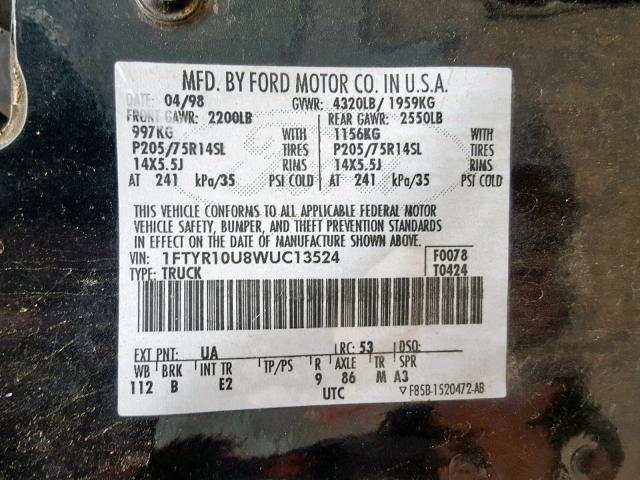 1FTYR10U8WUC13524 - 1998 FORD RANGER BLACK photo 10