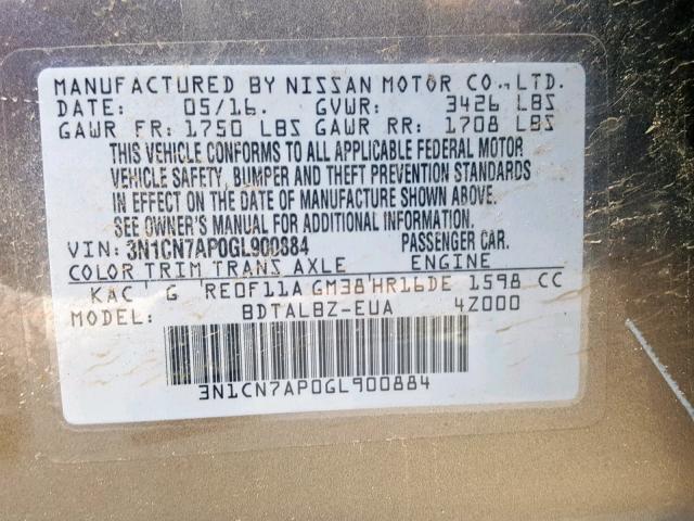 3N1CN7AP0GL900884 - 2016 NISSAN VERSA S GRAY photo 10