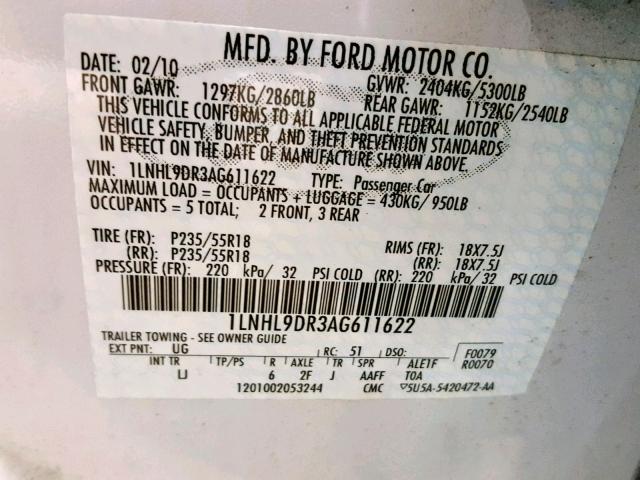 1LNHL9DR3AG611622 - 2010 LINCOLN MKS WHITE photo 10