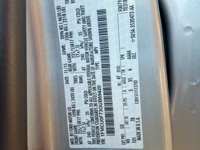 1FMCU0F73GUB69420 - 2016 FORD ESCAPE S SILVER photo 10