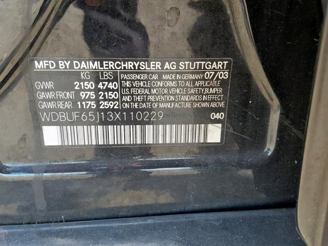 WDBUF65J13X110229 - 2003 MERCEDES-BENZ E 320 BLACK photo 10