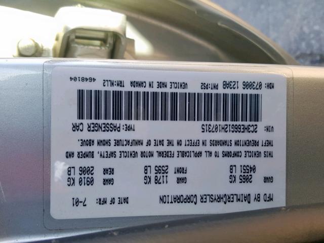 2C3HE66G12H107315 - 2002 CHRYSLER 300M SILVER photo 10