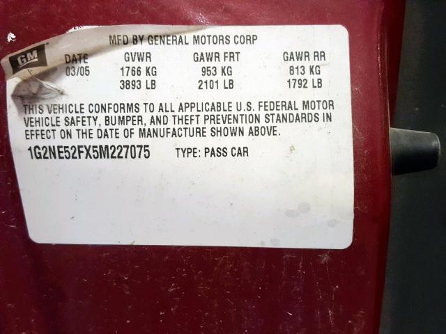 1G2NE52FX5M227075 - 2005 PONTIAC GRAND AM S MAROON photo 10
