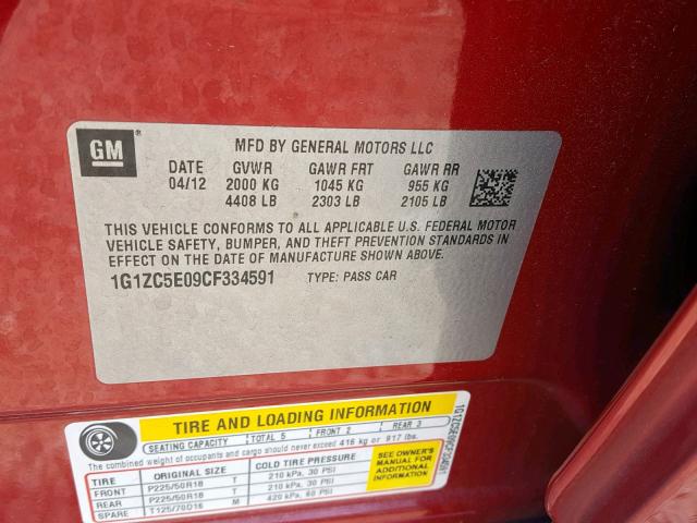 1G1ZC5E09CF334591 - 2012 CHEVROLET MALIBU 1LT RED photo 10