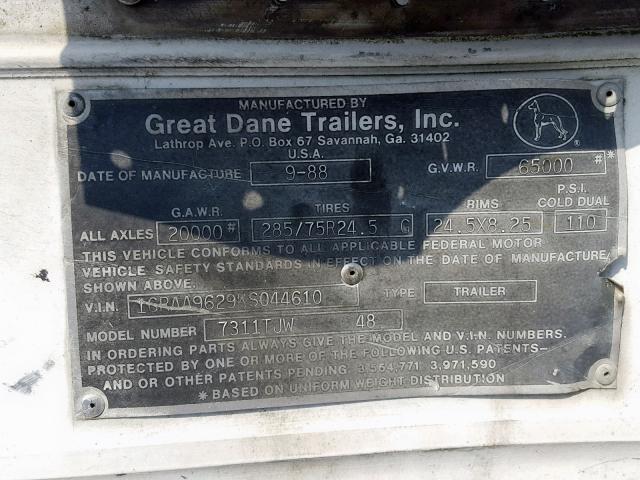 1GRAA9629KS044610 - 1989 GREAT DANE TRAILER TRAILER WHITE photo 10