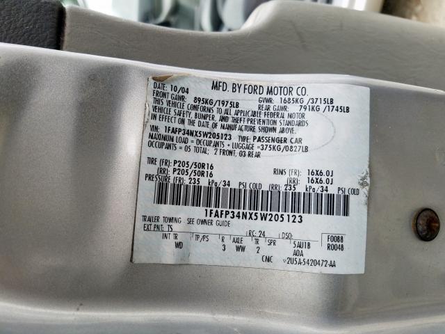 1FAFP34NX5W205123 - 2005 FORD FOCUS ZX4  photo 10