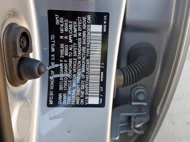 SHHFK7H4XJU402405 - 2018 HONDA CIVIC SPOR SILVER photo 10