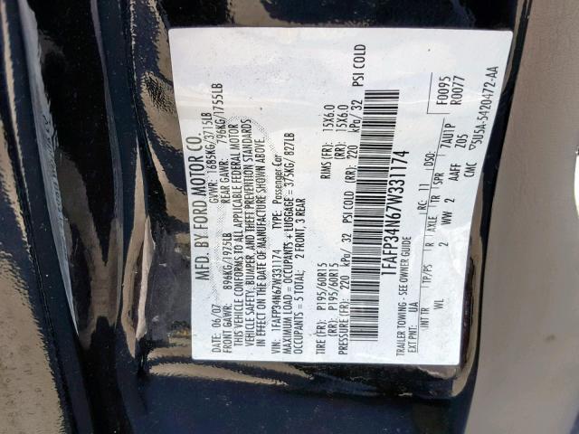 1FAFP34N67W331174 - 2007 FORD FOCUS ZX4 BLACK photo 10