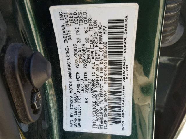 5TDBT48A51S039900 - 2001 TOYOTA SEQUOIA LI GREEN photo 10