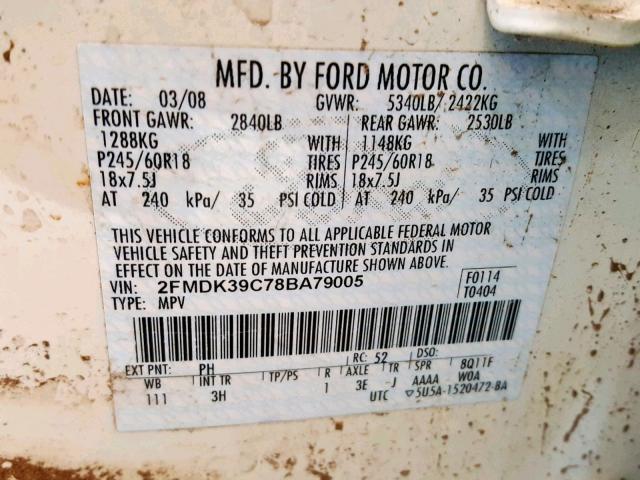 2FMDK39C78BA79005 - 2008 FORD EDGE LIMIT CREAM photo 10