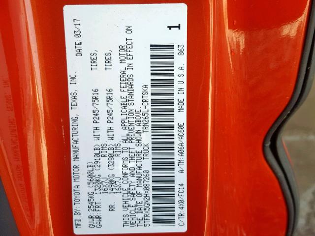 5TFRX5GN2HX087260 - 2017 TOYOTA TACOMA ACC ORANGE photo 10