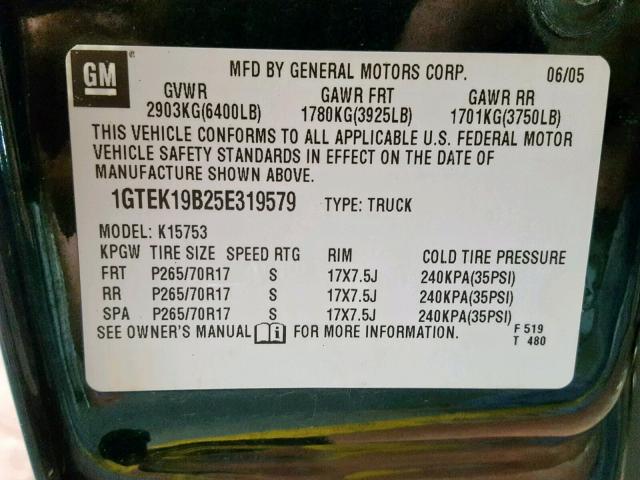 1GTEK19B25E319579 - 2005 GMC NEW SIERRA GREEN photo 10