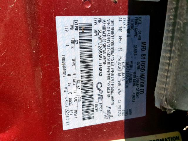 5LMFU28588LJ16883 - 2008 LINCOLN NAVIGATOR 栗色 照片 10