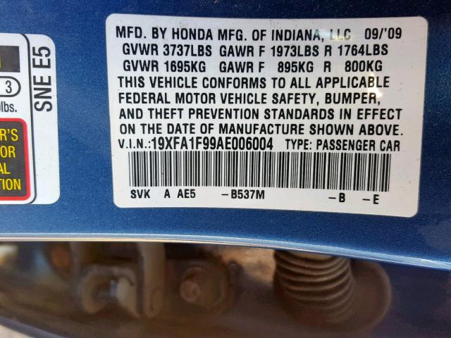 19XFA1F99AE006004 - 2010 HONDA CIVIC EXL BLUE photo 10