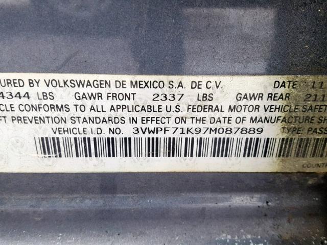 3VWPF71K97M087889 - 2007 VOLKSWAGEN JETTA 2.5 GRAY photo 10