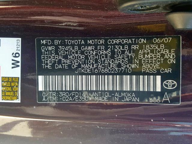 JTKDE167680237710 - 2008 TOYOTA SCION TC იასამნისფერი ფოტო 10