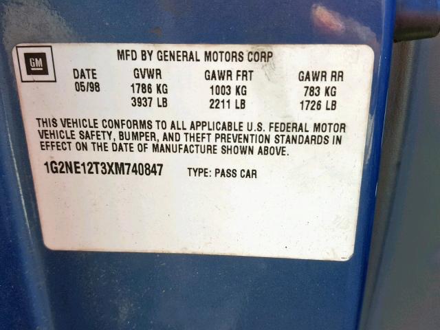 1G2NE12T3XM740847 - 1999 PONTIAC GRAND AM S BLUE photo 10