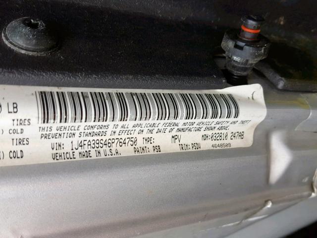 1J4FA39S46P764750 - 2006 JEEP WRANGLER X SILVER photo 10