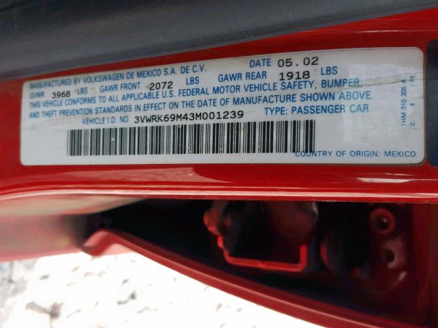 3VWRK69M43M001239 - 2003 VOLKSWAGEN JETTA GL RED photo 10