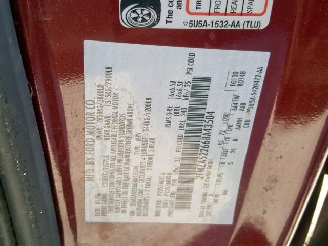 2FMZA52266BA43504 - 2006 FORD FREESTAR S MAROON photo 10