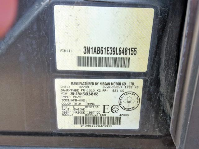 3N1AB61E39L648155 - 2009 NISSAN SENTRA 2.0 GRAY photo 10