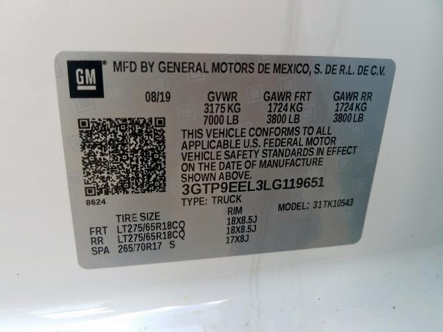 3GTP9EEL3LG119651 - 2020 GMC SIERRA K1500 AT4  photo 10