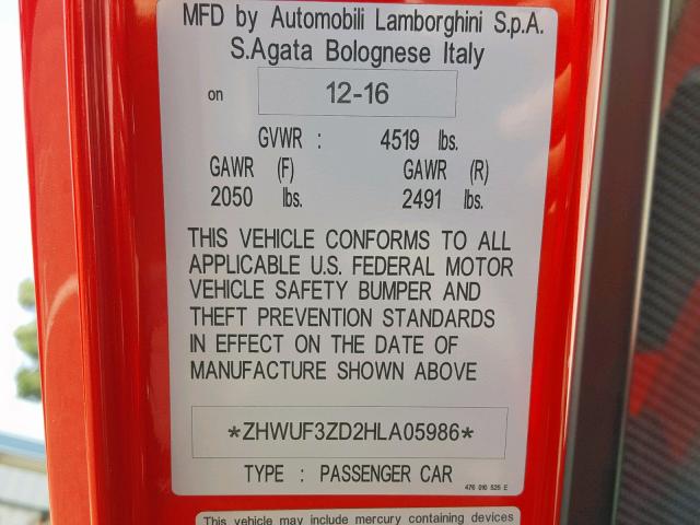 ZHWUF3ZD2HLA05986 - 2017 LAMBORGHINI AVENTADOR RED photo 10