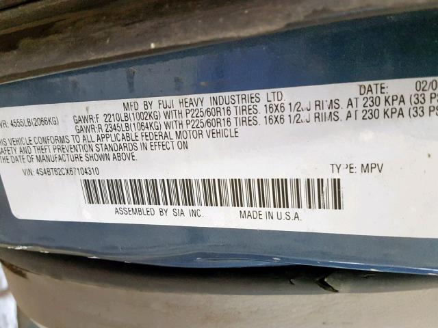 4S4BT62CX67104310 - 2006 SUBARU BAJA SPORT BLUE photo 10