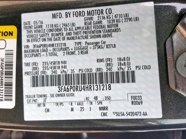 3FA6P0RU4HR131218 - 2017 FORD FUSION TIT GRAY photo 10