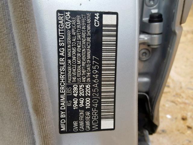 WDBRF40J25A649577 - 2005 MERCEDES-BENZ C 230K SPO GRAY photo 10