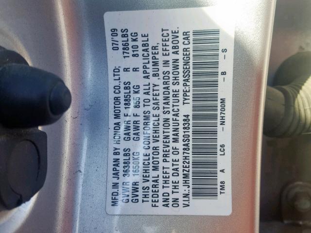 JHMZE2H78AS018384 - 2010 HONDA INSIGHT EX SILVER photo 10