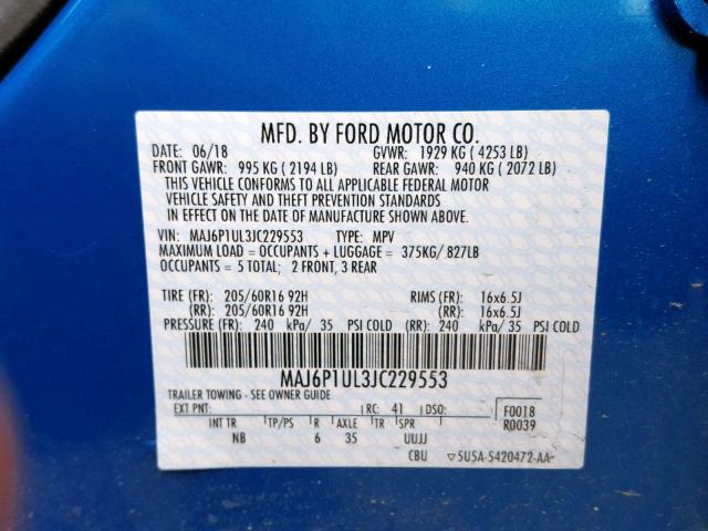 MAJ6P1UL3JC229553 - 2018 FORD ECOSPORT S BLUE photo 10