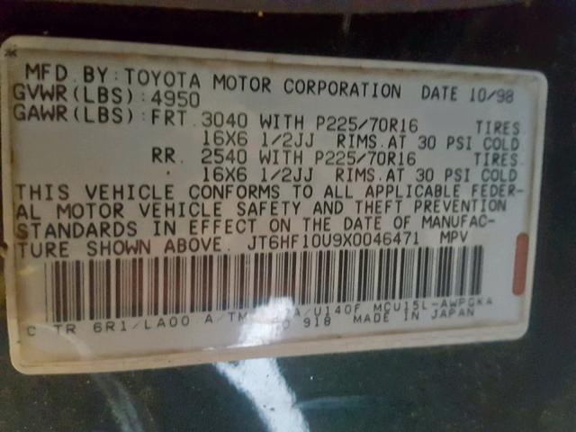 JT6HF10U9X0046471 - 1999 LEXUS RX 300 GREEN photo 10