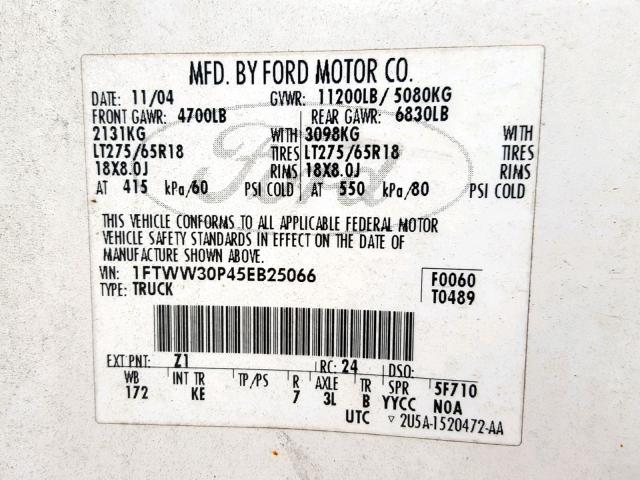 1FTWW30P45EB25066 - 2005 FORD F350 SRW S WHITE photo 10