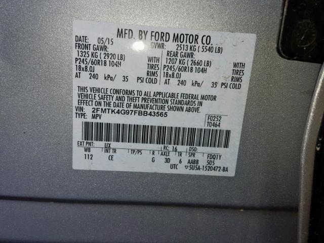 2FMTK4G97FBB43565 - 2015 FORD EDGE SE SILVER photo 10