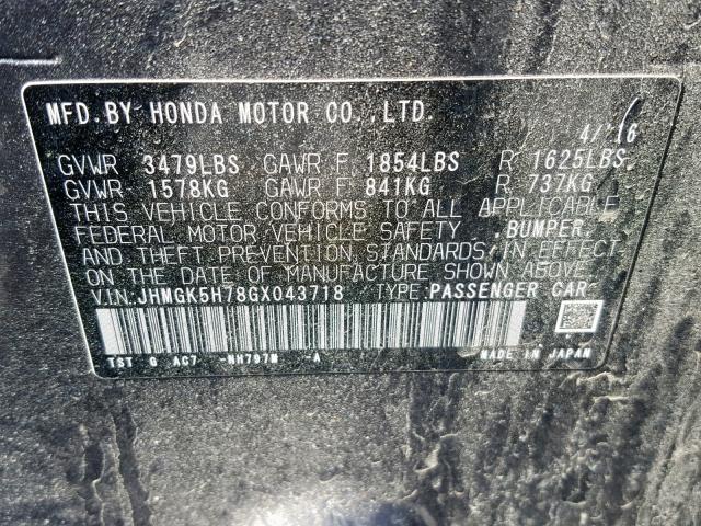 JHMGK5H78GX043718 - 2016 HONDA FIT EX GRAY photo 10