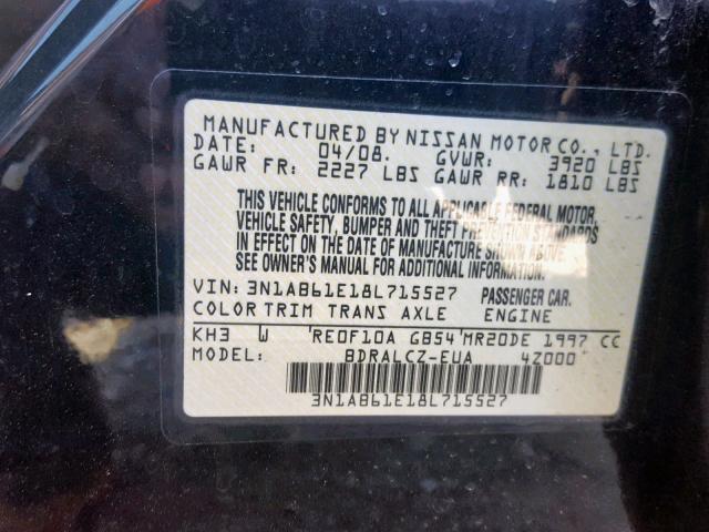 3N1AB61E18L715527 - 2008 NISSAN SENTRA 2.0 BLACK photo 10