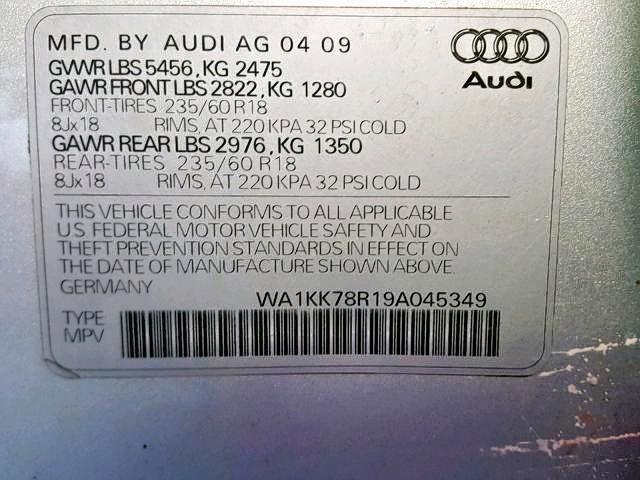 WA1KK78R19A045349 - 2009 AUDI Q5 3.2 SILVER photo 10