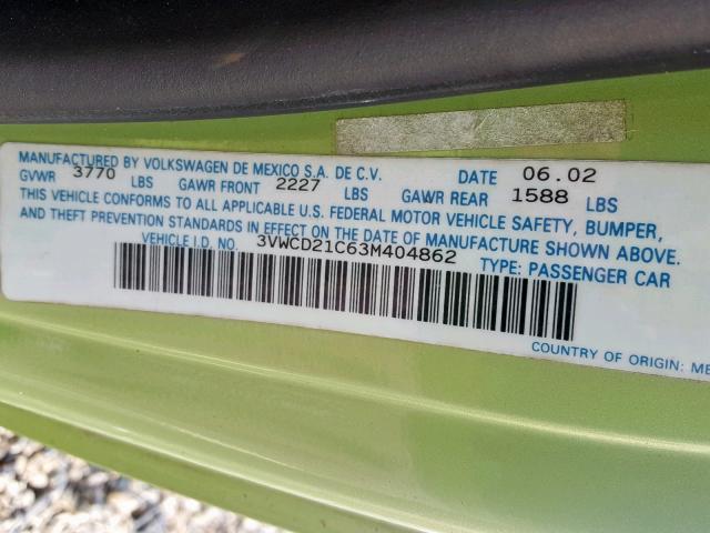 3VWCD21C63M404862 - 2003 VOLKSWAGEN NEW BEETLE Yaşıl foto 10