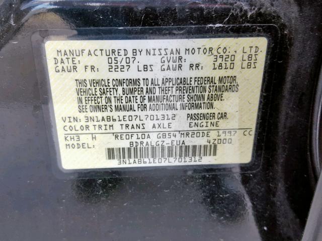 3N1AB61E07L701312 - 2007 NISSAN SENTRA 2.0 BLACK photo 10