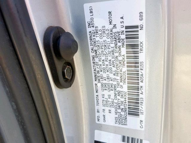 5TENX22N97Z444302 - 2007 TOYOTA TACOMA GRAY photo 10