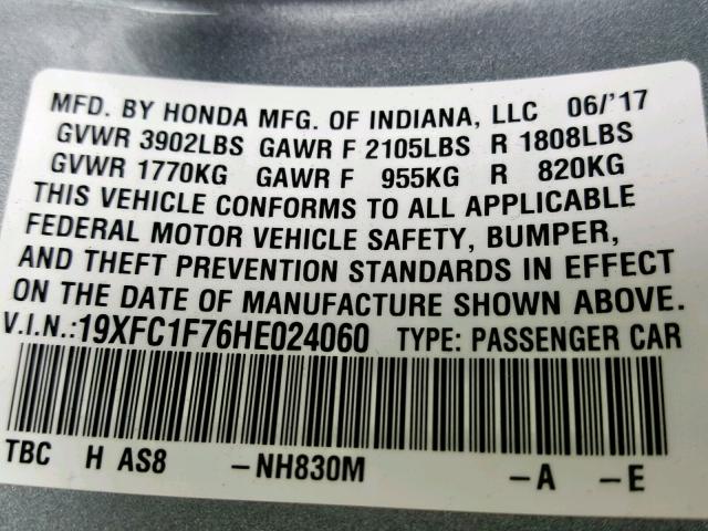 19XFC1F76HE024060 - 2017 HONDA CIVIC EXL ვერცხლისფერი ფოტო 10