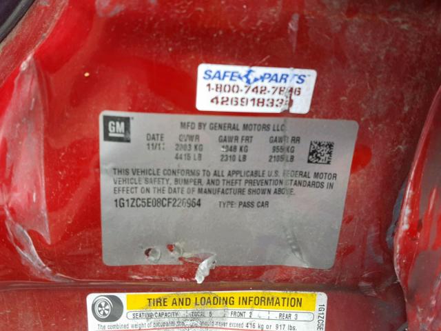 1G1ZC5E08CF226964 - 2012 CHEVROLET MALIBU 1LT RED photo 10