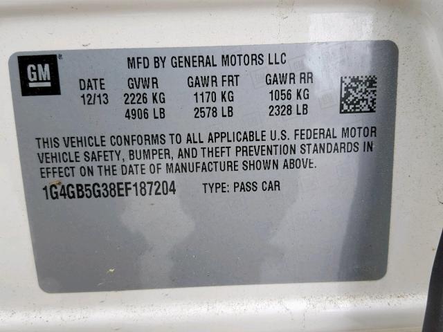 1G4GB5G38EF187204 - 2014 BUICK LACROSSE CREAM photo 10