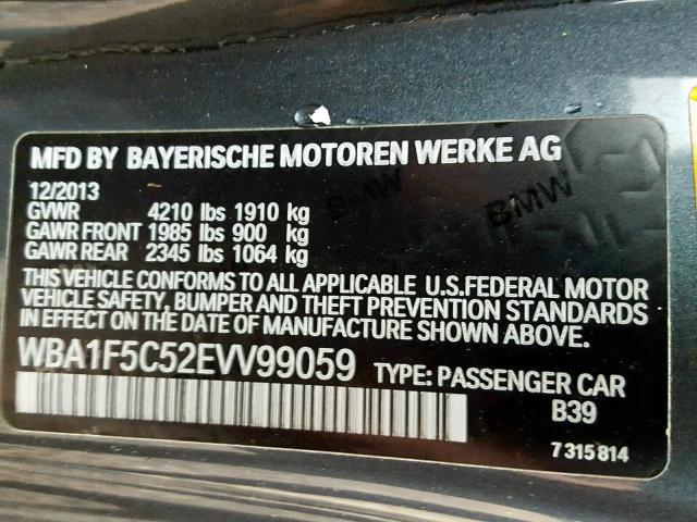 WBA1F5C52EVV99059 - 2014 BMW 228 I GRAY photo 10