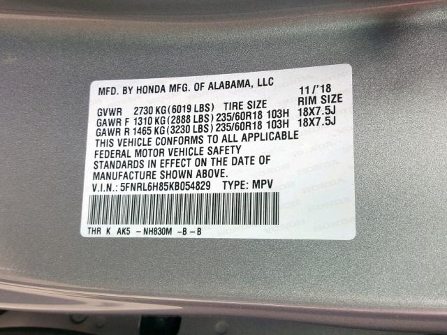 5FNRL6H85KB054829 - 2019 HONDA ODYSSEY TO SILVER photo 10