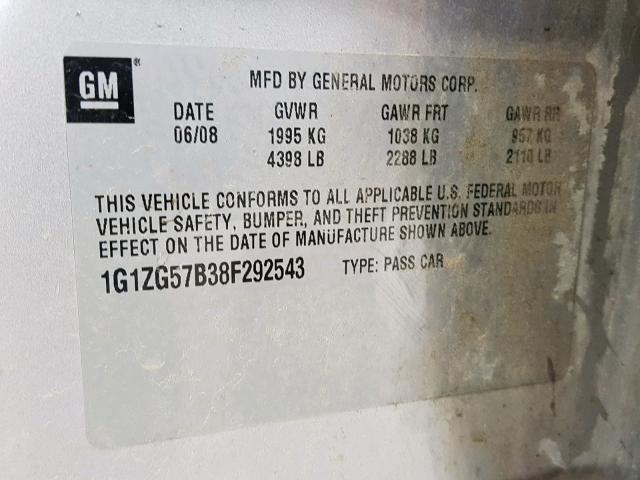 1G1ZG57B38F292543 - 2008 CHEVROLET MALIBU LS SILVER photo 10