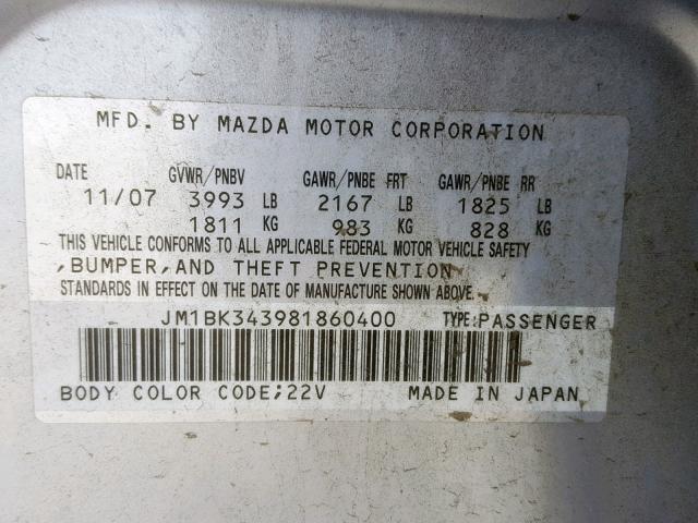 JM1BK343981860400 - 2008 MAZDA 3 HATCHBAC SILVER photo 10