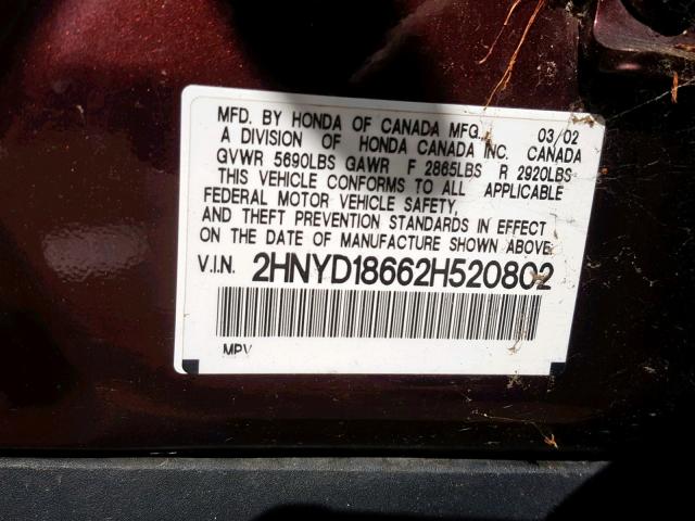 2HNYD18662H520802 - 2002 ACURA MDX TOURIN BURGUNDY photo 10